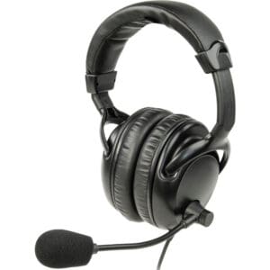 Black over-ear headset with microphone attached.