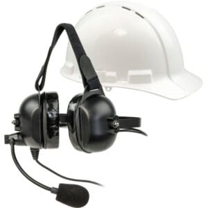 Hard hat and communication headset with microphone.