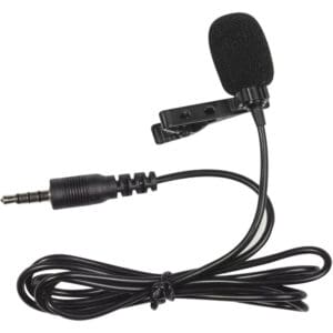Lapel microphone with clip and audio jack.