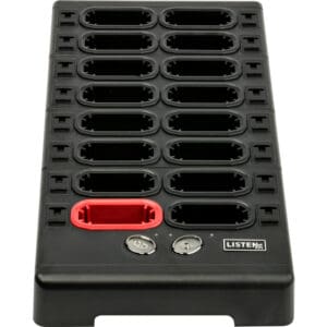 Charging station with multiple slots and buttons.