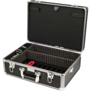 Open black storage case with compartments.