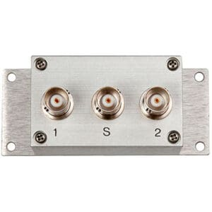 Three-port coaxial switch on metal plate.