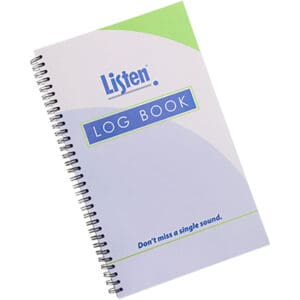 Spiral-bound "Listen" log book with cover text.