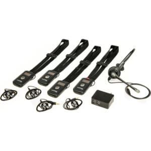 Four wireless headsets with transmitters and receiver.