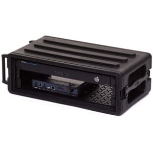 Black rackmount case with electronic equipment inside.