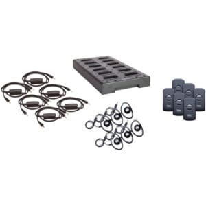 Charging station with cables and adapters displayed.