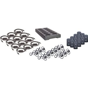 Electronic security system components arranged on display.