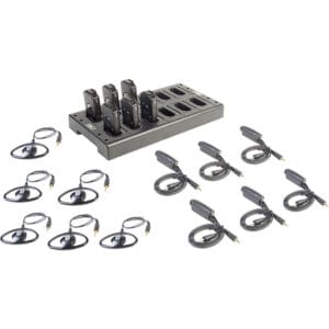 Charging station with multiple devices and cables.