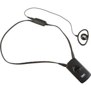 Wired earpiece with volume control device.