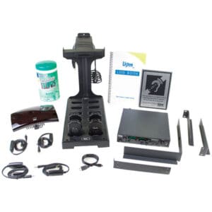 Audio equipment set with accessories and manuals.