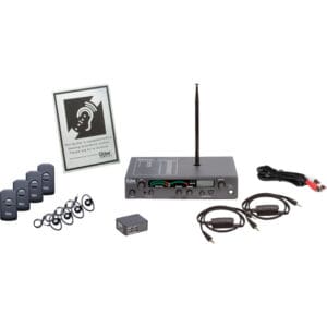 Wireless audio system with accessories and cables.