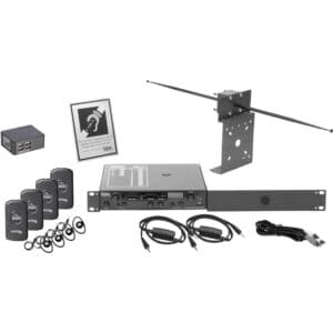 Audio equipment kit with accessories and cables.