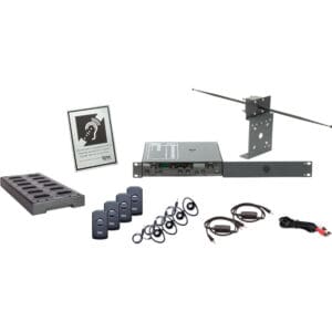 Audio equipment set with various components displayed.