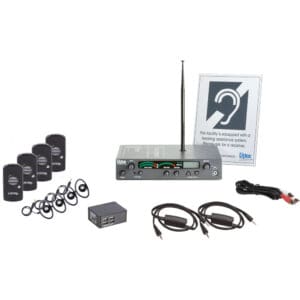 Hearing assistance system with receivers and cables.
