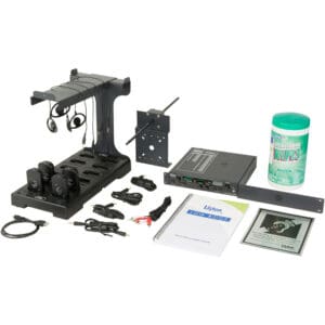 Audio equipment set with accessories and wipes.