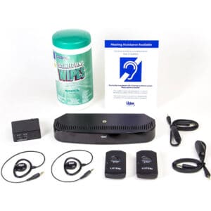 Hearing assistance equipment with accessories displayed.