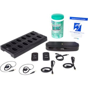 Assistive listening devices and cleaning wipes kit.