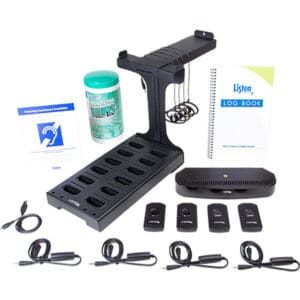 Assistive listening system with accessories displayed.