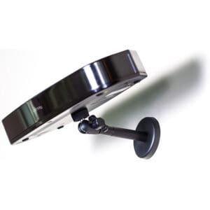 Mounted satellite dish with adjustable arm.