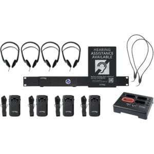 Hearing assistance equipment with headsets and receivers.