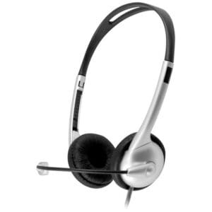 Black and silver headset with microphone.
