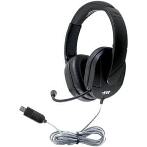 Black USB headset with microphone and cable.