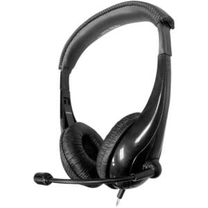 Black over-ear headset with attached microphone.