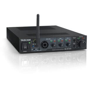 Audio amplifier with multiple control knobs.