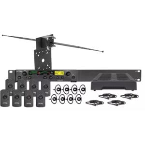 Audio equipment set with receivers and antenna.