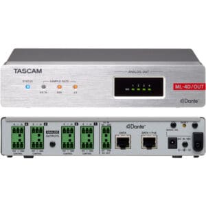 Tascam audio interface with various input ports.