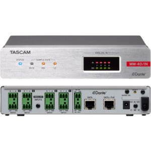 TASCAM audio interface with multiple inputs and outputs.