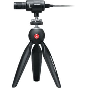 Microphone on a black tripod stand.