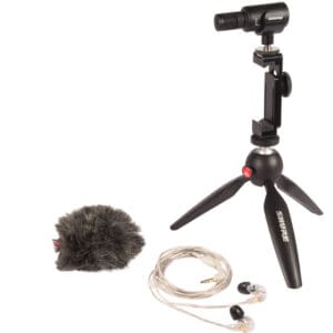 Microphone with tripod, windscreen, and earphones.