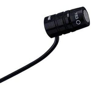 Black lavalier microphone with attached cable.