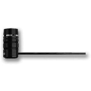 Black cylindrical object with long handle.