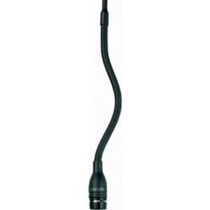 Black gooseneck microphone against white background.