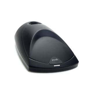 Black wireless microphone base with push button.