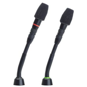 Two flexible gooseneck microphones with windscreens.