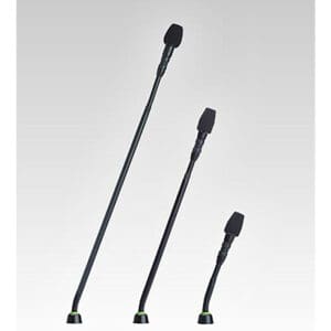 Three black gooseneck microphones, varying heights.