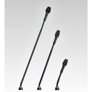 Three black gooseneck microphones in different sizes.