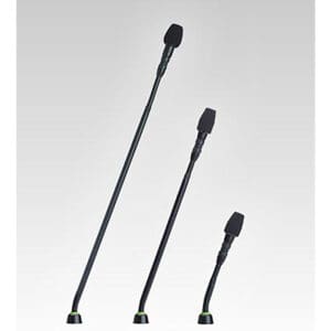 Three black gooseneck microphones in different heights.
