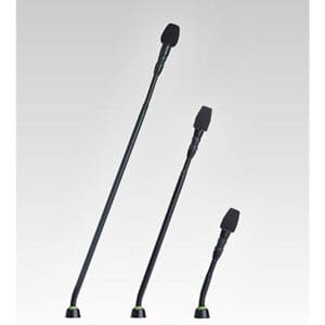 Three black gooseneck microphones in different sizes.