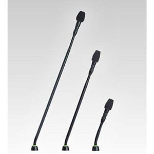 Three black gooseneck microphones of varying heights.