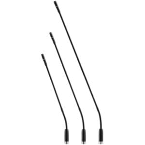 Three black gooseneck microphones, different lengths.