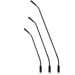 Three black gooseneck microphones in different lengths.