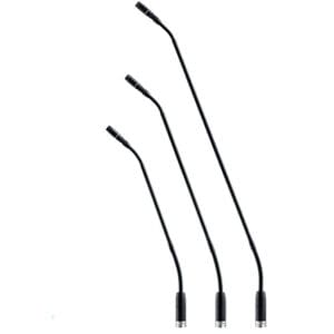 Three black gooseneck microphones in different sizes.
