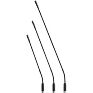 Three black gooseneck microphones in different lengths.