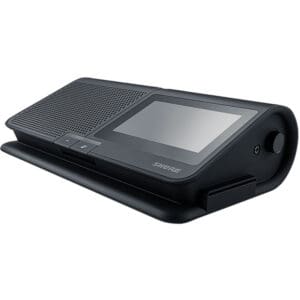 Black conference microphone with touch screen display.