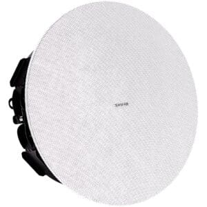 Round ceiling speaker with white grille.