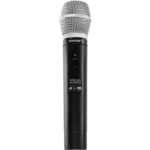 Black wireless microphone with silver mesh head.